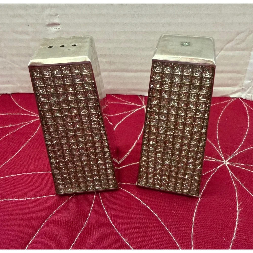 Silver Tone Rhinestone Studded Salt and Pepper Shaker Set Modern Wedge Design